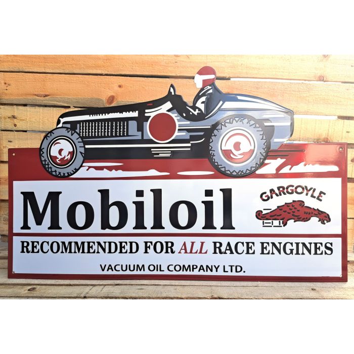 Big enamel sign Mobiloil recommended for all race engines Gargoyle