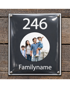 house number sign with family photo
